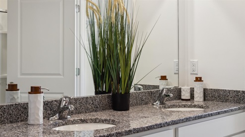 Primary bathroom with a double vanity with dark countertops upon white base cabinetry.