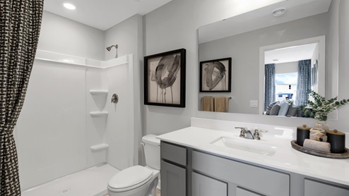 Private bathroom with gray cabinets and quartz countertops.