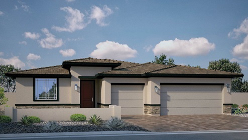 Our 2538 model home in the Heartland Manor community with white and red exterior paint schemes, a flat tile roof, front yard landscaping, paver walkways, and a three-car garage.
