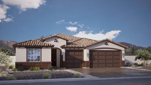Our 2754 model home in the Heartland Manor community with tan and brown exterior paint schemes, a flat tile roof, front yard landscaping, paver walkways, and a three-car garage.