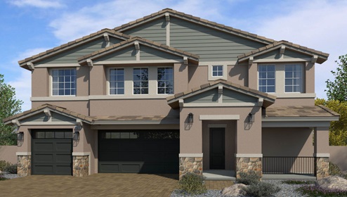 Exteriors in our Symmetry Summit Community Featuring designer-selected paint schemes, front yard landscaping, paver walkways, and 3-car garages.