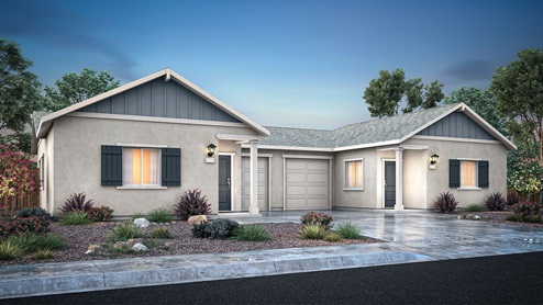 Exterior rendering of elevation A of the Glacier plan, an attached home with stucco siding, board and batten accent in the gable, black door and shutters, and a one-car garage.