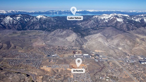 Aerial image of Artemis community with labels showing proximity to Lake Tahoe.
