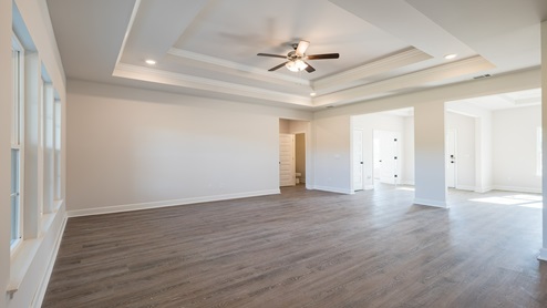Open living room with trey ceilings