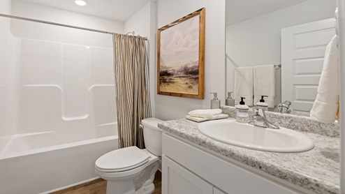 Bathroom with vanity and tub shower combo