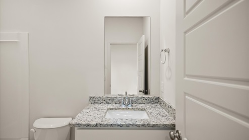 Single vanity bathroom, granite countertops, recessed