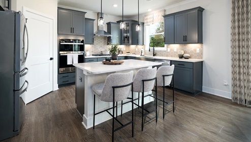 Kitchen and island with wood floors, grey cabinets, quartz counters, and stainless steel appliances