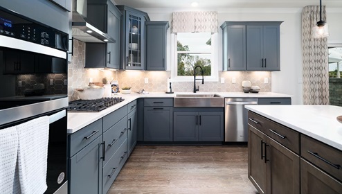 Kitchen and island with wood floors, grey cabinets, quartz counters, and stainless steel appliances