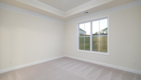 Primary bedroom with beige carpet and large window