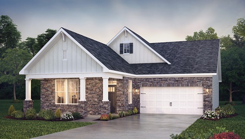 Aspen front exterior with siding, brick, and garage