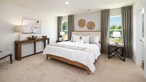 Carpeted primary bedroom with large windows