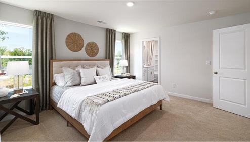 Carpeted primary bedroom with large windows