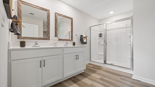 Bathroom with double vanity sink and shower.