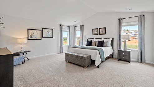 primary bedroom with carpet and windows.