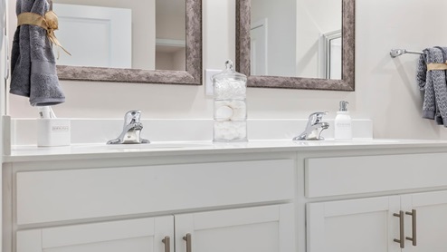 Bathroom with dual vanity sink.