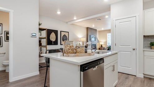 Scholls Meadow kitchen with stainless steel appliances, pantry, powder room, laminate flooring, quartz countertops, and in island sink