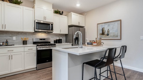 Scholls Meadow kitchen with stainless steel appliances, pantry, powder room, laminate flooring, quartz countertops, and in island sink with two chairs