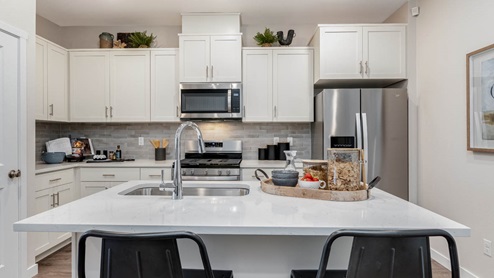 Scholls Meadow kitchen with stainless steel appliances, pantry, powder room, laminate flooring, quartz countertops, and in island sink with two chairs