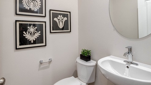 Scholls Meadow powder room with three decorative paintings white toilet, white walls, round mirror, and single white vanity
