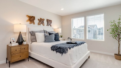 Scholls Meadow primary bedroom with carpet, large windows, end tables with lamps, bed with white sheets, bed frame, tall plant, and three decorations hanging