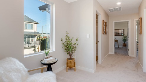 Scholls Meadow Hallway with carpet, end table, fuzzy white chair, and white walls with windows
