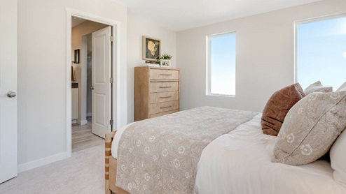 Scholls Meadow Primary bedroom with white bedsheets and tan blanket, pillows, white carpet, walls, tall dresser, and windows