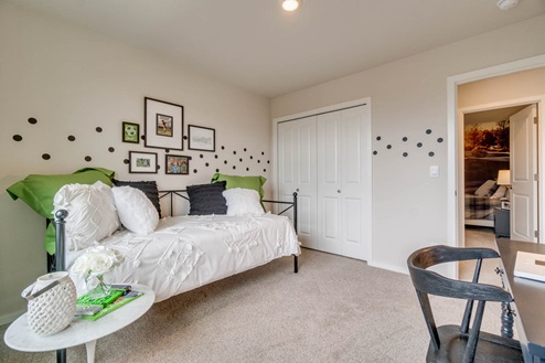 Marcola Meadows Bedroom with day bed, desk, green accents, and painted polka dots in the middle of the walls
