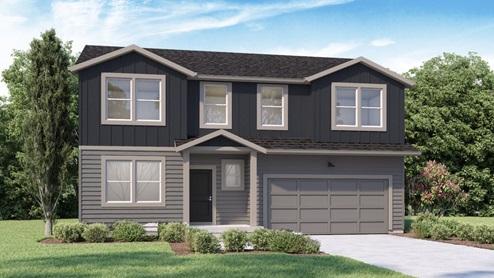 A digital rendering of a two story home with dark and light grey siding, light grey accents, and a dark roof.