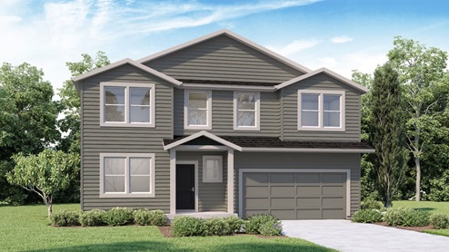 A digital rendering of a two story home with muted green siding, light accents, and a dark roof.