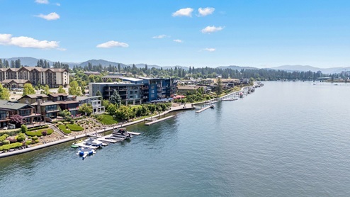 A drone shot of the Spokane River down the street from Grand Mill Townhomes