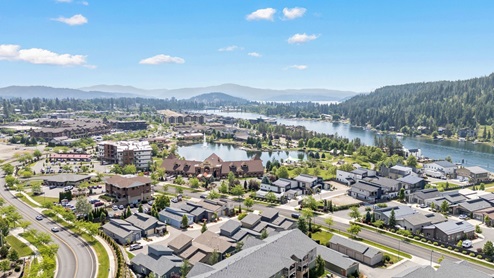 A drone shot of the Spokane River down the street from Grand Mill Townhomes