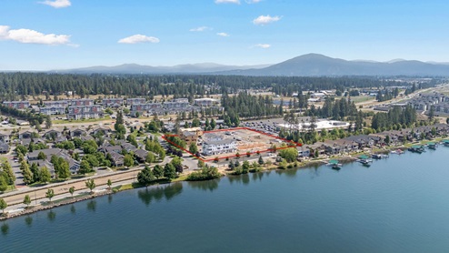 A drone shot of the Spokane River down the street from Grand Mill Townhomes