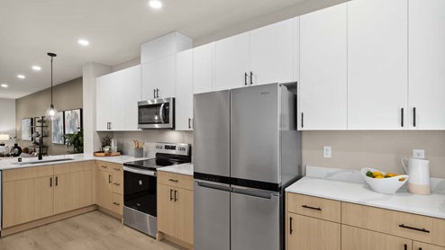 open floor plan kitchen with refrigeration and euro oak cabinets