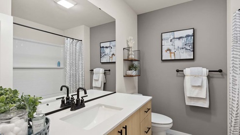 guest bath sink with black modern fixtures euro oak cabinet and toilet