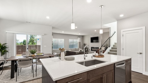 view from kitchen into dining and living space