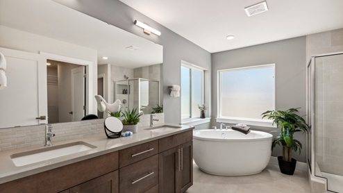 primary bathroom featuring 2 sink vanity and soaking tub