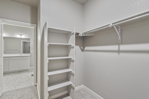 spacious walk in closet with shelves