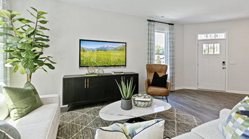 living room with light grey sofas, an accent chair and green decor