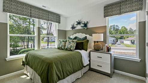 bedroom featuring olive green decor and 2 large windows