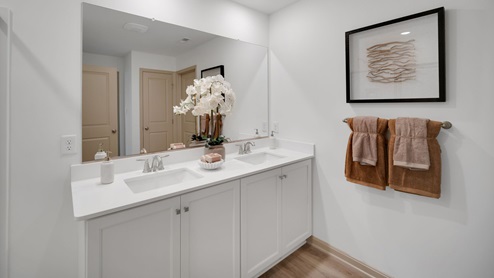 Double vanity with white, shaker-style cabinetry and white quartz countertops beneath a large mirror.