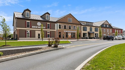 a photo of the local town center and brewery