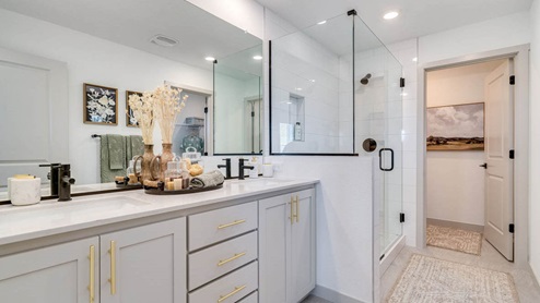 Primary bathroom with quartz counters and a walk-in shower