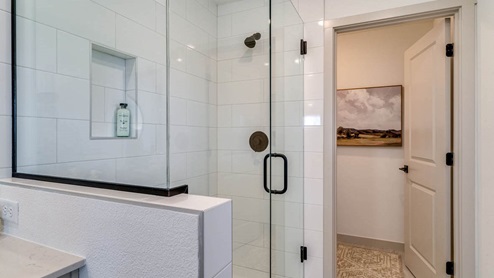 Primary bathroom with quartz counters and a walk-in shower