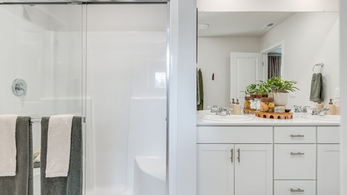 Primary bathroom with quartz counters and a walk-in shower