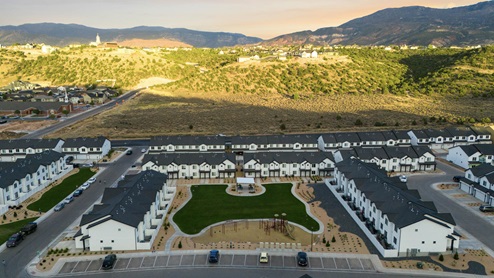 Aerial photo of the Old Sorrel new townhome community by D.R. Horton in Cedar City Utah.