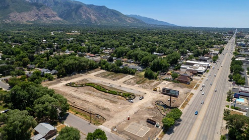 Midtown Village aerial of new community in Ogden, Utah.