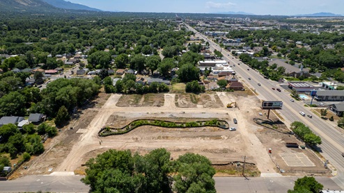 Midtown Village aerial of new community in Ogden, Utah.