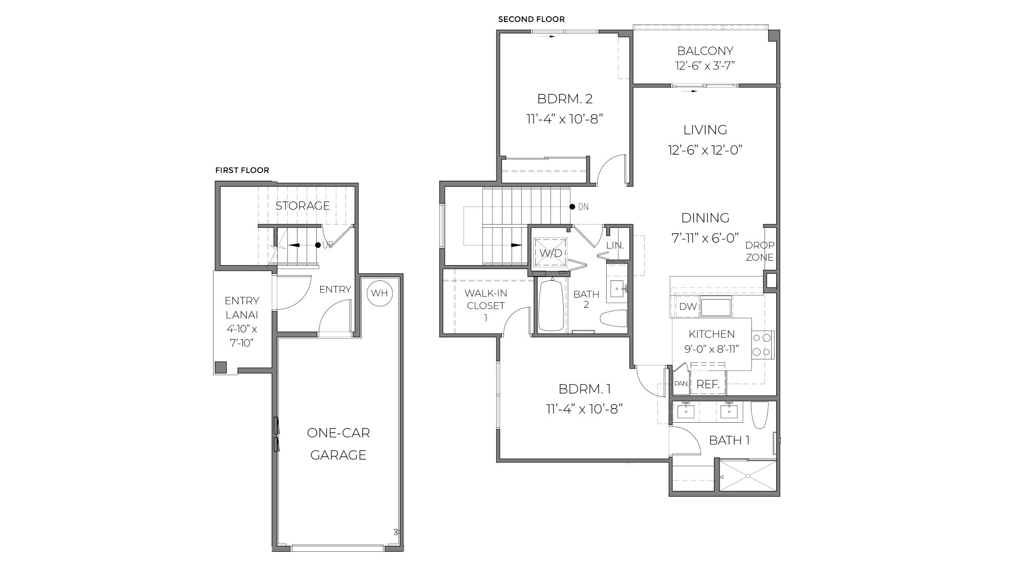 Interior floorplan drawing for two story unit