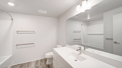 Interior bathroom with large counter and one sink with full size shower