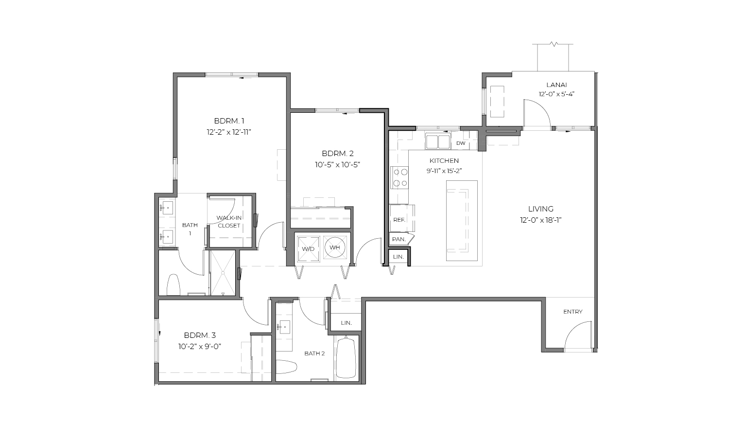 One story floor plan with three bedrooms and open living room